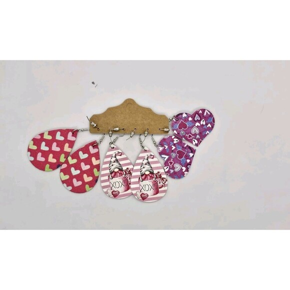 3 Womens Light Weight Faux Leather Dangle Earrings Design Both Sided Heart Gnome - Picture 4 of 4